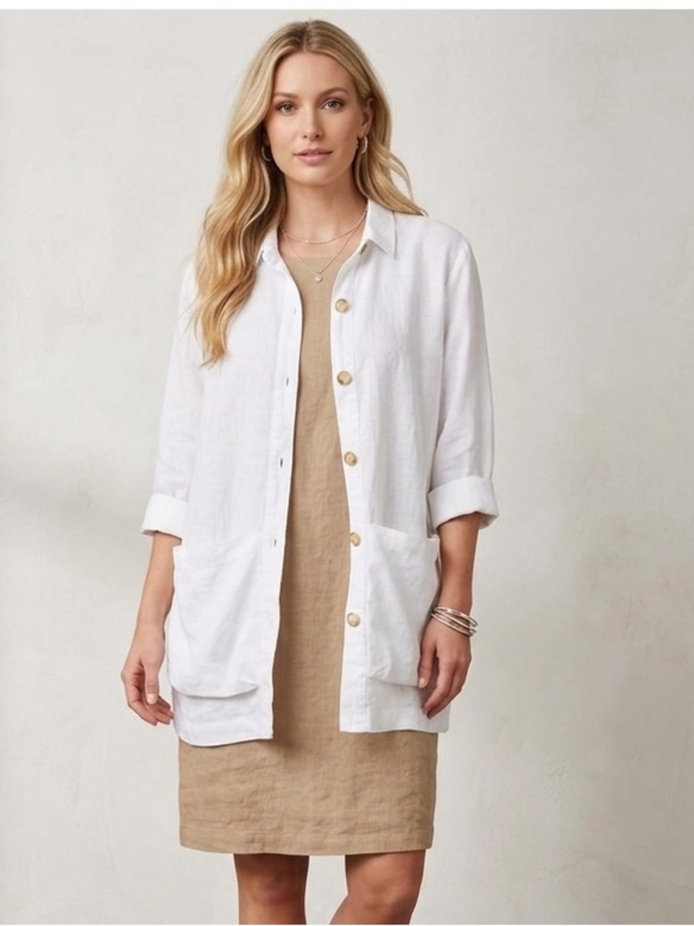For Cynthia by Cynthia Rowley Tunic Shirt Jacket White Linen Pockets Lagenlook L